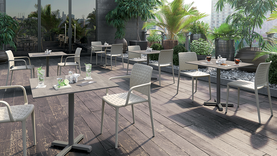 various outdoor seating areas with chairs and tables