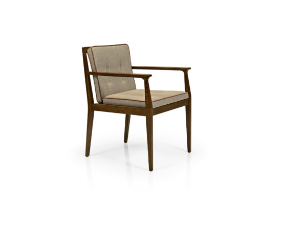Chelsea Arm chair front angle. Taupe upholstered seat and back with welt. Dark walnut wood frame.