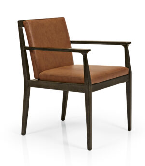 Chelsea Arm Chair at an angle. Wood base in dark walnut color and upholstered seat and back in rust color