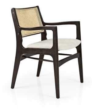 Jenna Rattan Arm Chair. Dark Walnut Wood Frame with upholstered seat and rattan back