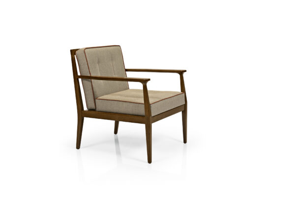 Chelsea Lounge Chair. Wood Frame with neutral upholstered seat and back with welt.