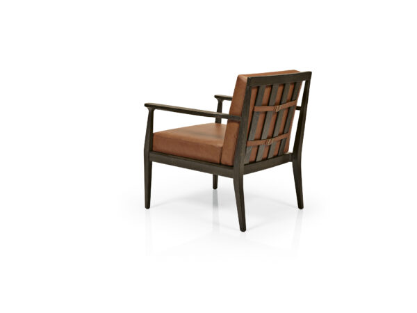 Chelsea Lounge Chair back. Wood Frame with rust upholstered seat and back. Back has belt holding cushion to frame.