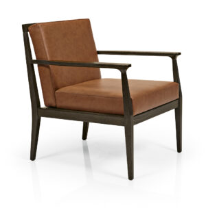 Chelsea Lounge Chair Front. Wood Frame with rust upholstered seat and back.