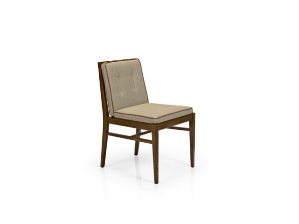 Chelsea Side Chair. Wood Frame with neutral upholstered seat and back with welt.