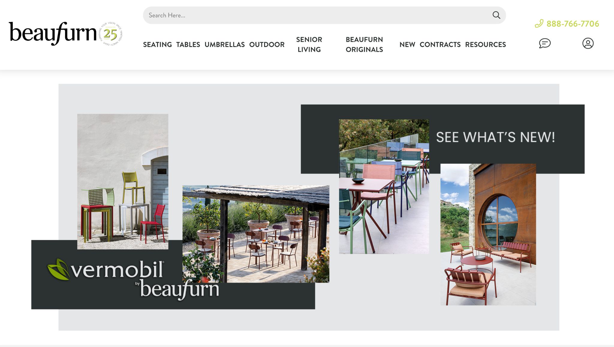Beaufurn website interface showing various commercial furniture, search bar, and contact info.
