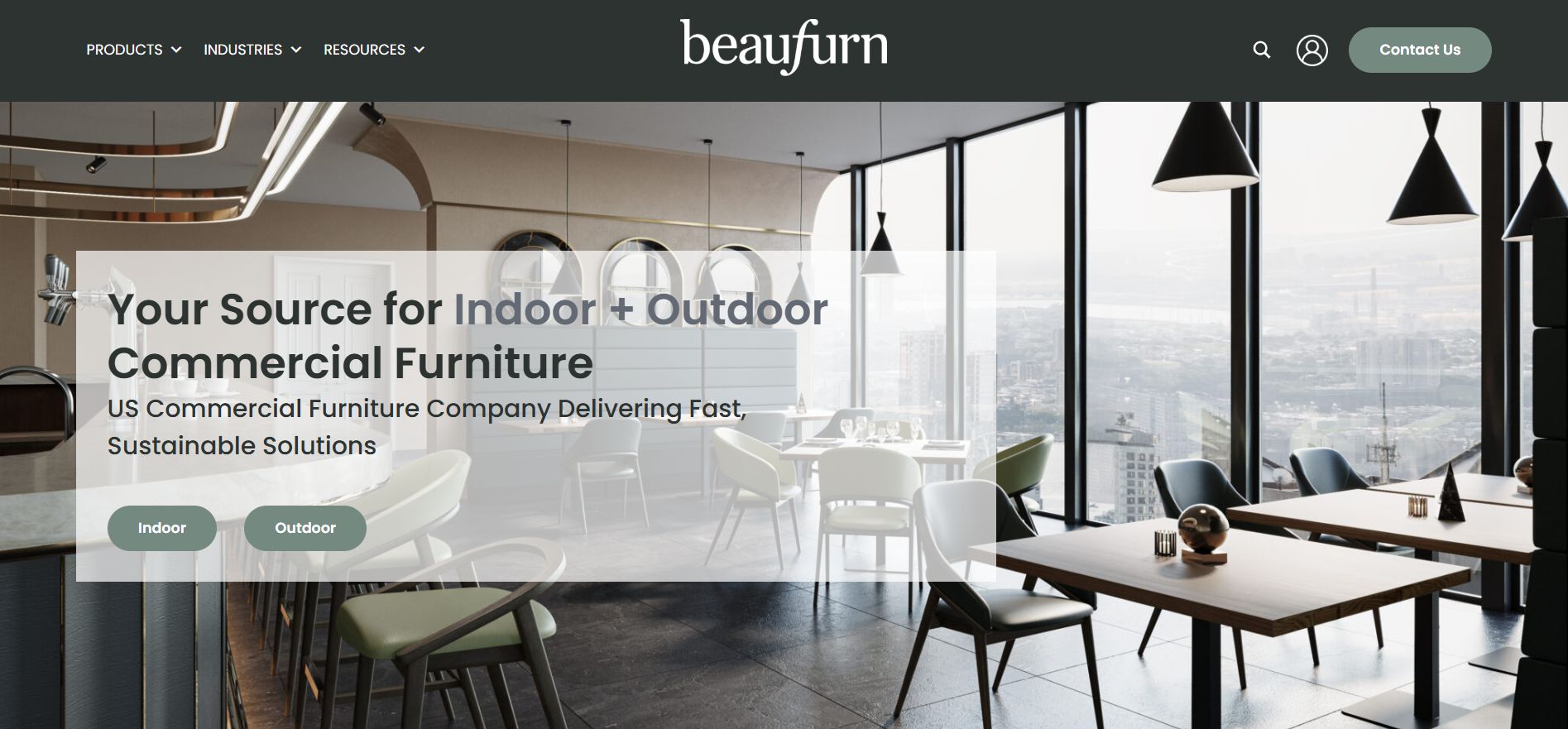 Beaufurn website showing indoor and outdoor commercial furniture solutions.