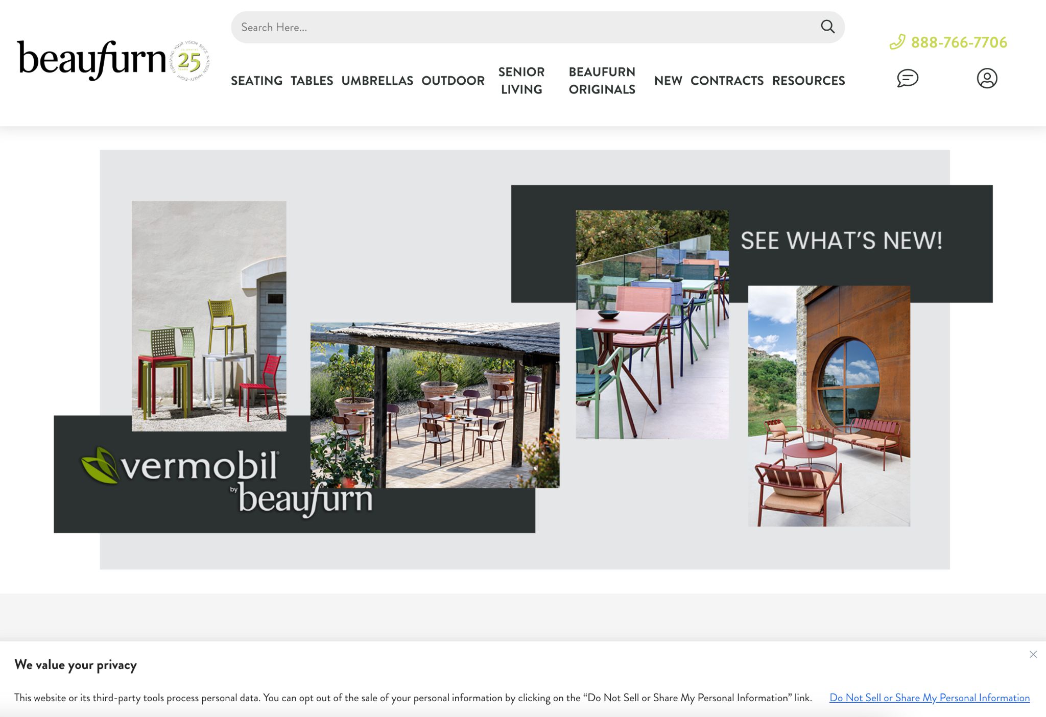 Beaufurn logo and various commercial furniture pieces, including dining tables and chairs