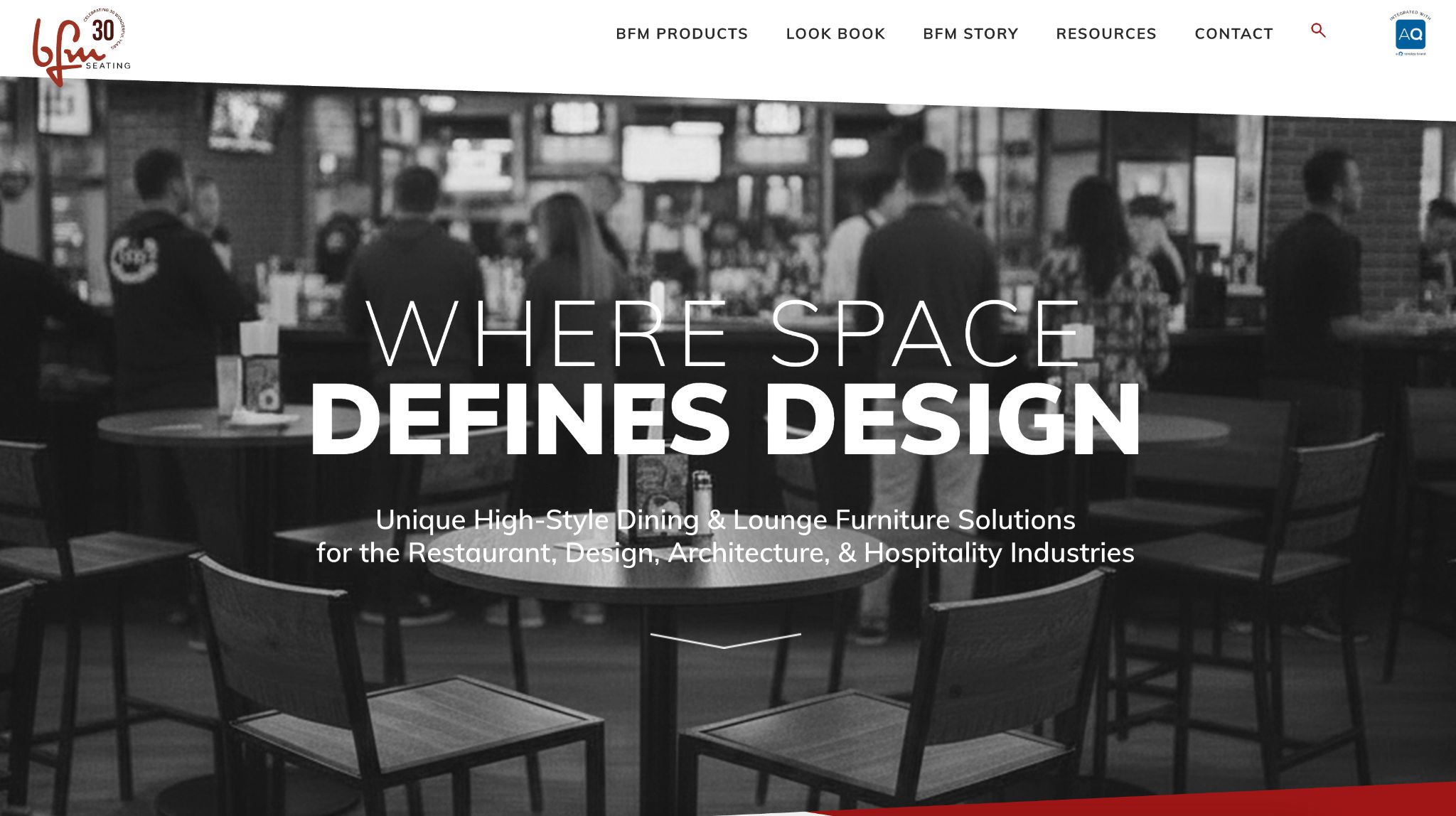 BFM Seating website showcasing 'WHERE SPACE DEFINES DESIGN' with various dining furniture in a modern setting.