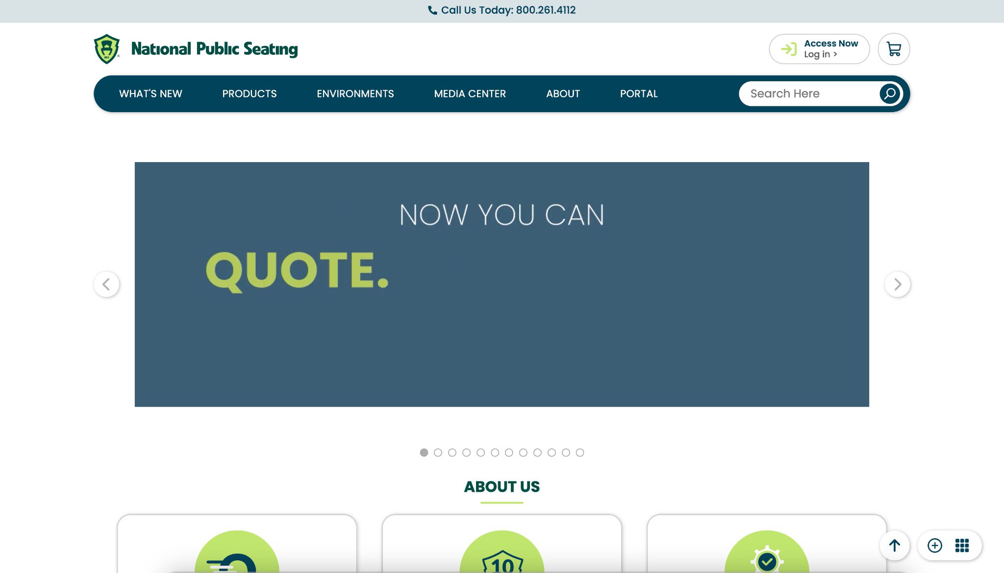National Public Seating website screenshot displaying a 'NOW YOU CAN QUOTE' section with various commercial chairs.