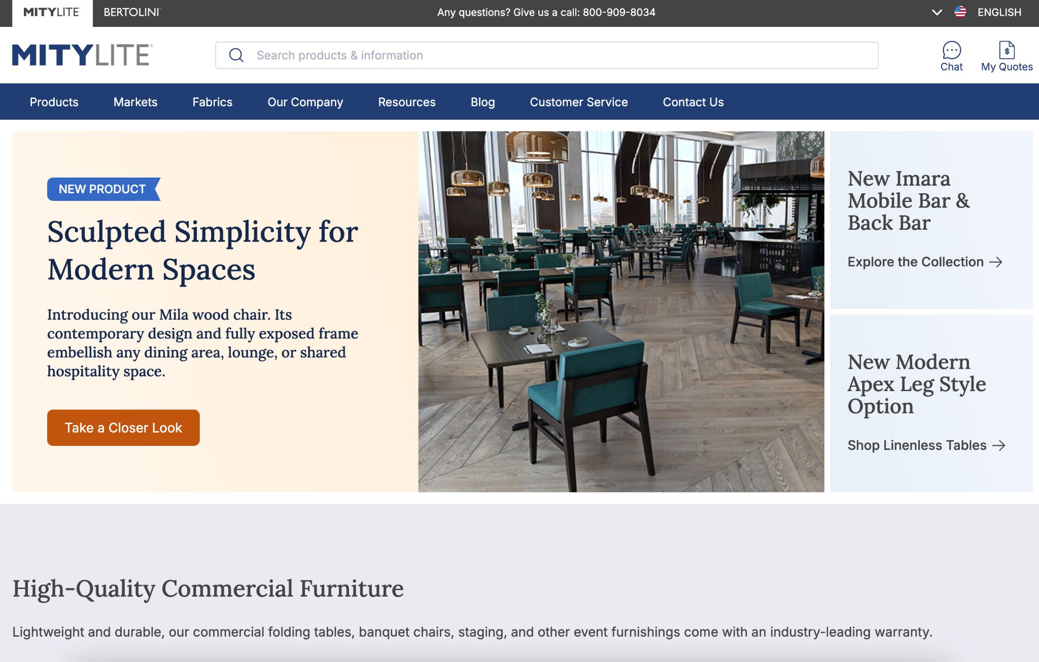 MityLite website screenshot featuring various commercial folding tables and banquet chairs