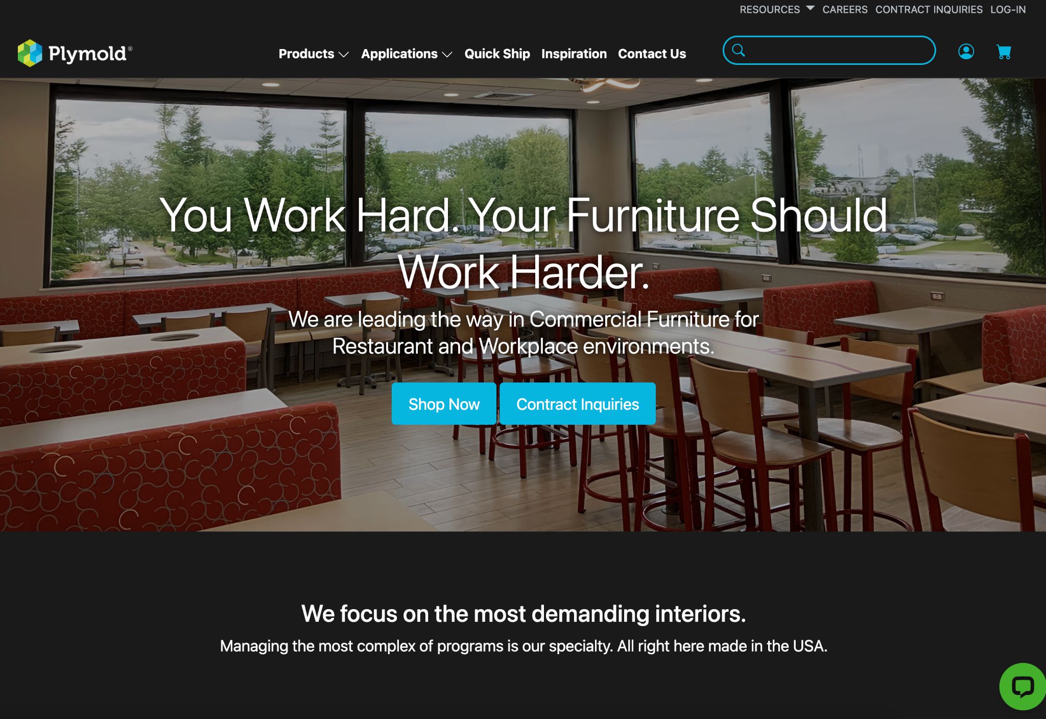 Plymold website screenshot with the slogan 'You Work Hard. Your Furniture Should Work Harder.' and various commercial furniture.