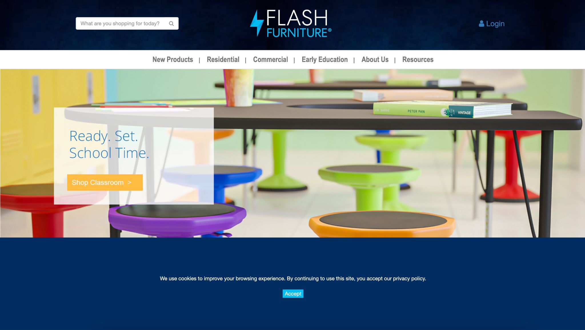 Flash Furniture website screenshot with the slogan 'Ready. Set. School Time.' and various colorful school chairs and desks.