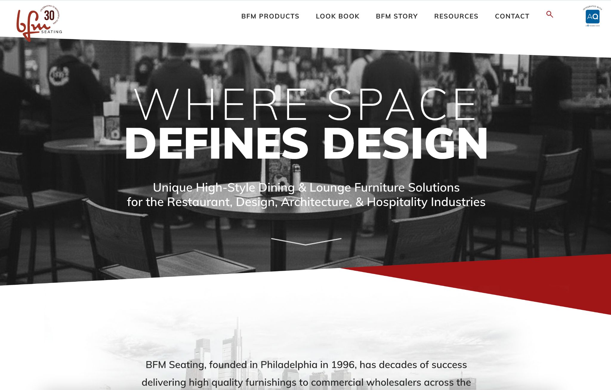 BFM Seating website screenshot showcasing high-style dining and lounge furniture