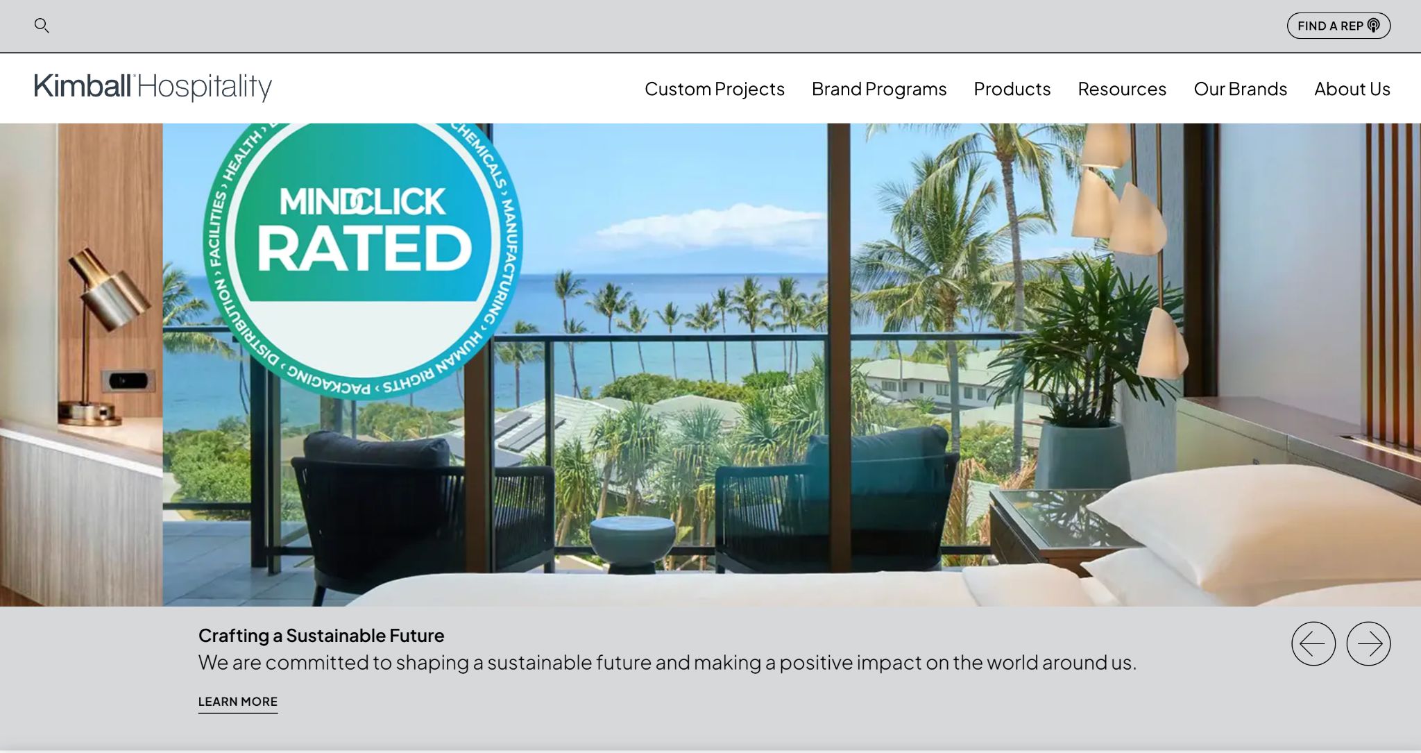 Kimball Hospitality website displaying a 'MINDCLICK RATED' badge and various hotel furnishings.