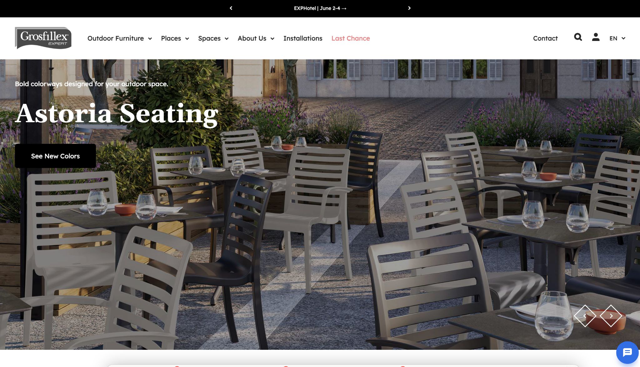 Grosfillex website screenshot featuring an outdoor dining area with 'Astoria Seating' and a 'See New Colors' button.