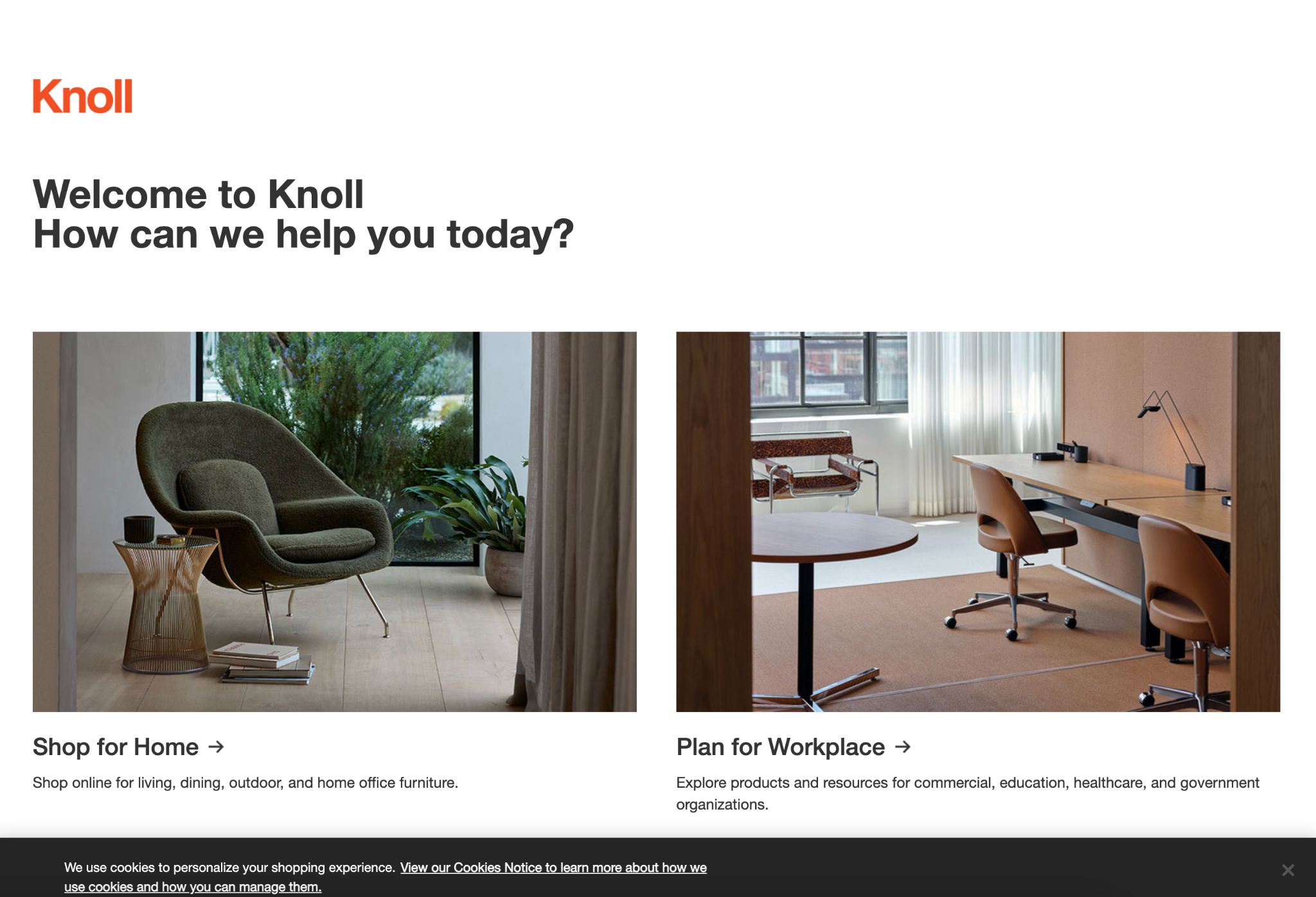 Knoll website screenshot showing modern living and office furniture