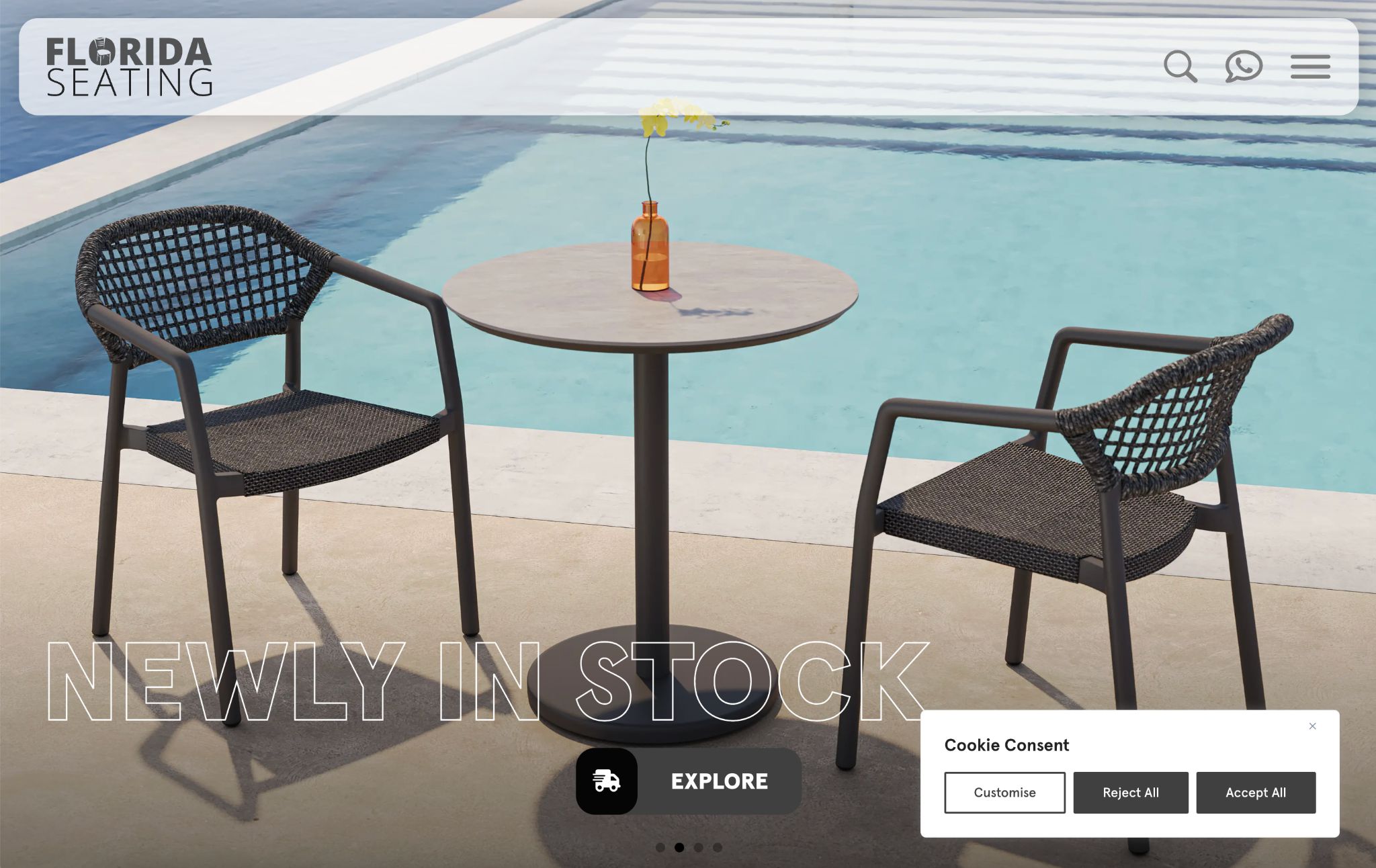 Florida Seating website screenshot displaying 'NEWLY IN STOCK' outdoor seating and tables by a pool.