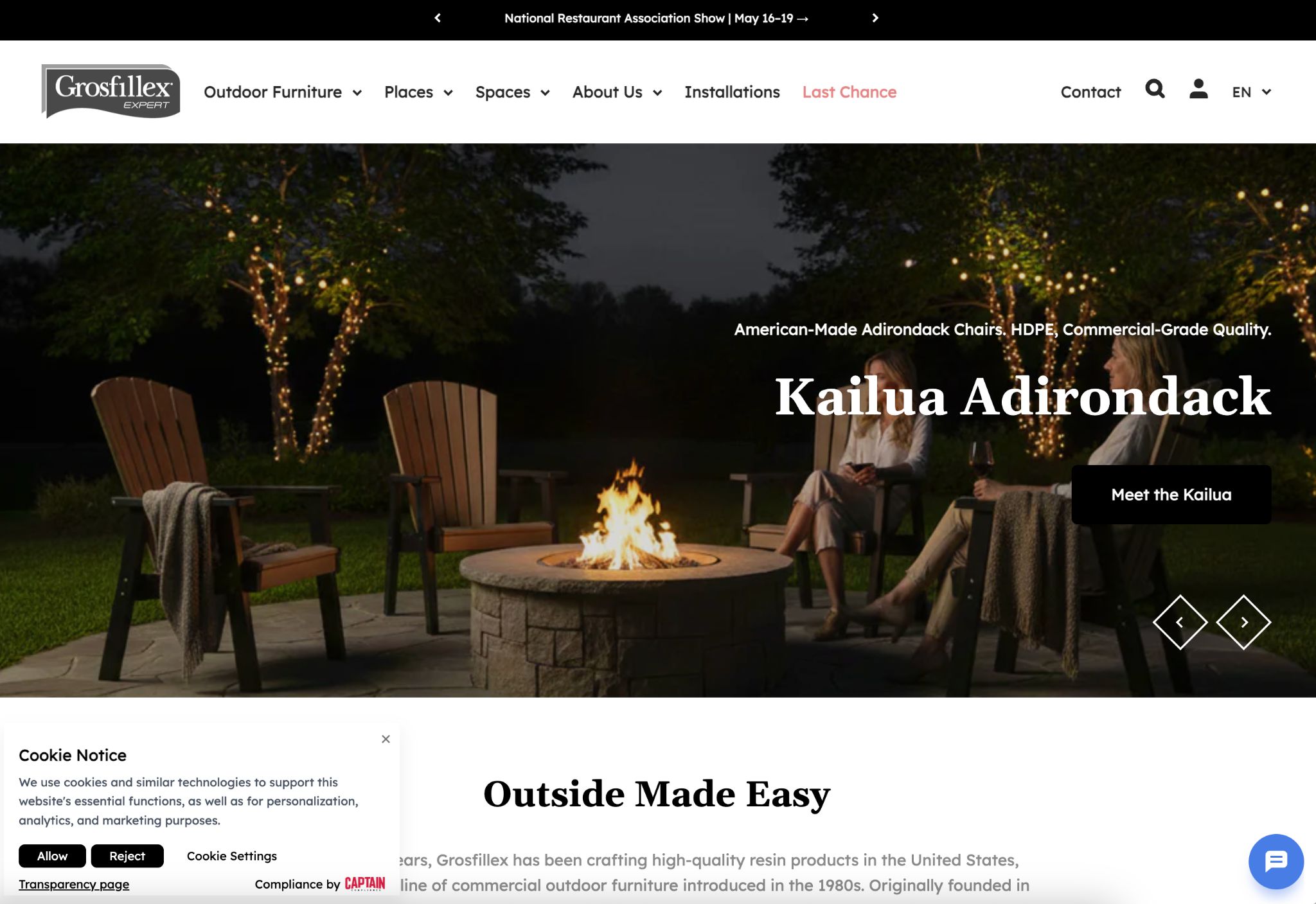 Grosfillex Inc. website screenshot showing Kailua Adirondack chairs around a fire pit