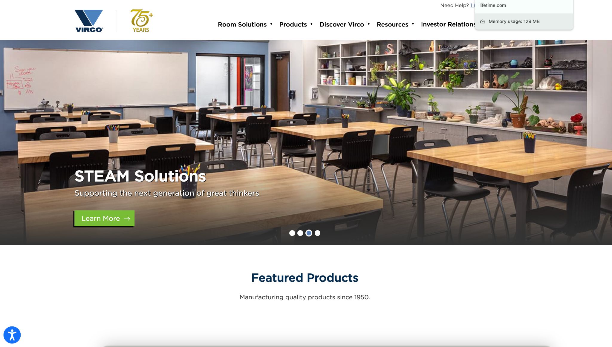 Virco website screenshot with 'STEAM Solutions' and various classroom furniture.