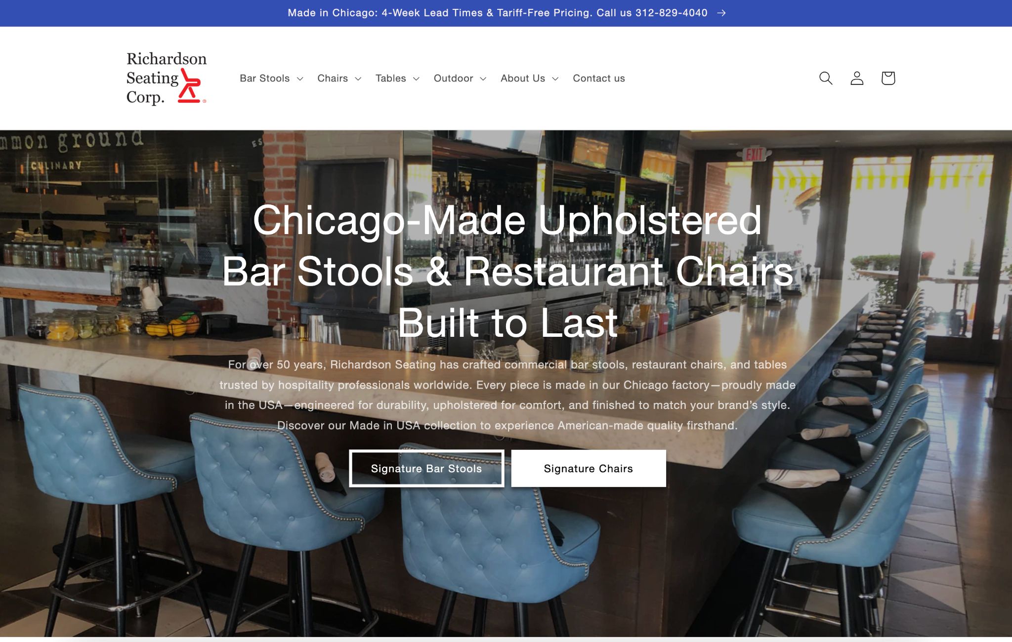 Richardson Seating website screenshot featuring upholstered bar stools and restaurant chairs