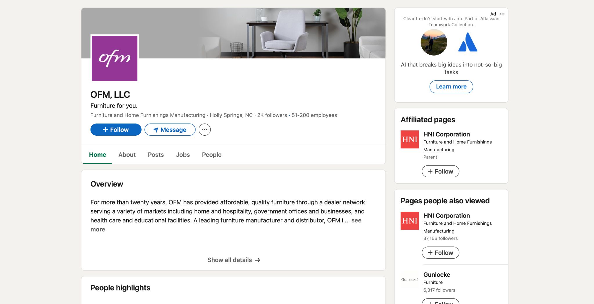 OFM Inc. website screenshot displaying their company profile and various furniture.