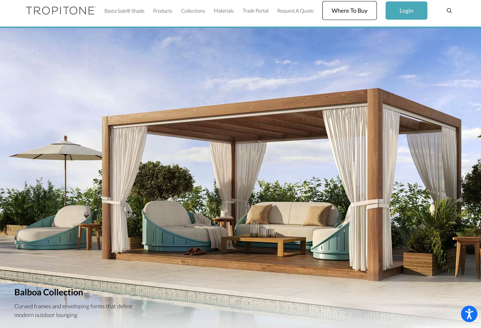 Tropitone website screenshot displaying the Balboa Collection, with outdoor lounge furniture by a pool