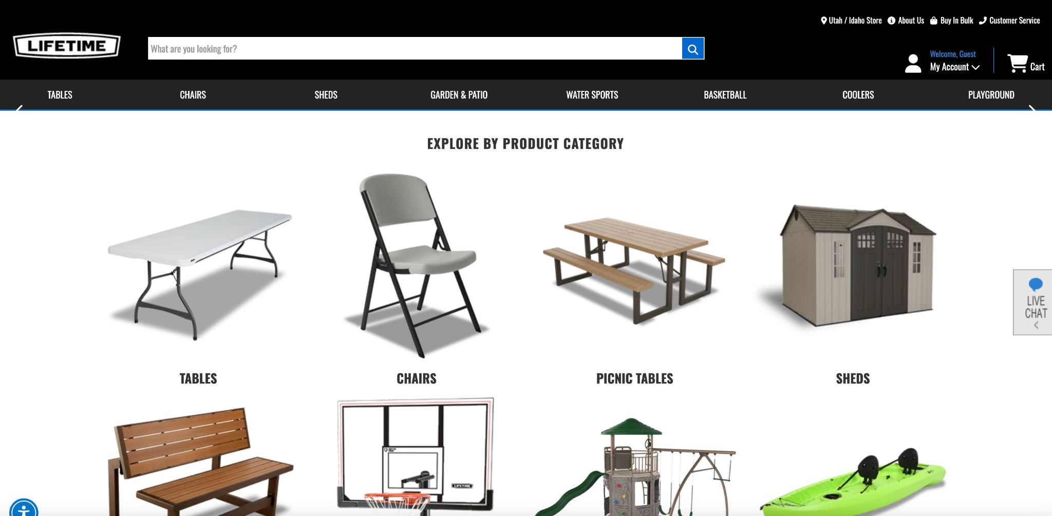 Lifetime Products website screenshot displaying various outdoor furniture and storage sheds, with a focus on 'EXPLORE BY PRODUCT CATEGORY'.