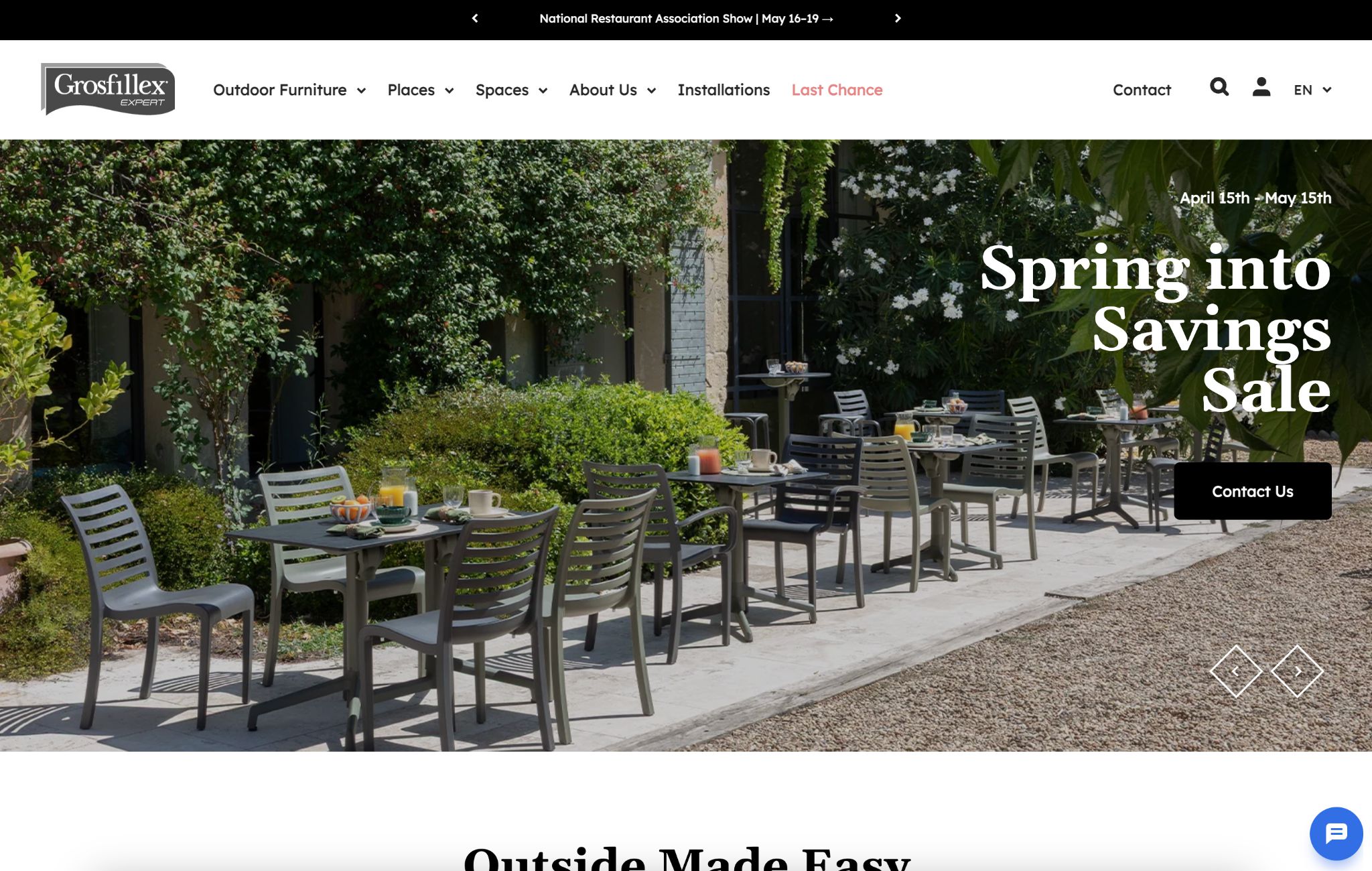 Grosfillex website screenshot showing outdoor dining furniture set