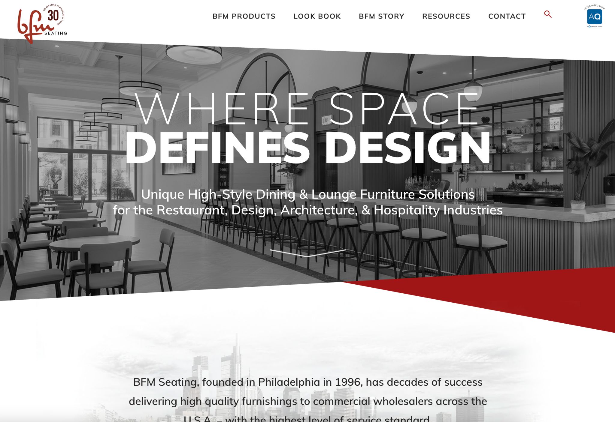 BFM Seating website screenshot showcasing high-style dining and lounge furniture