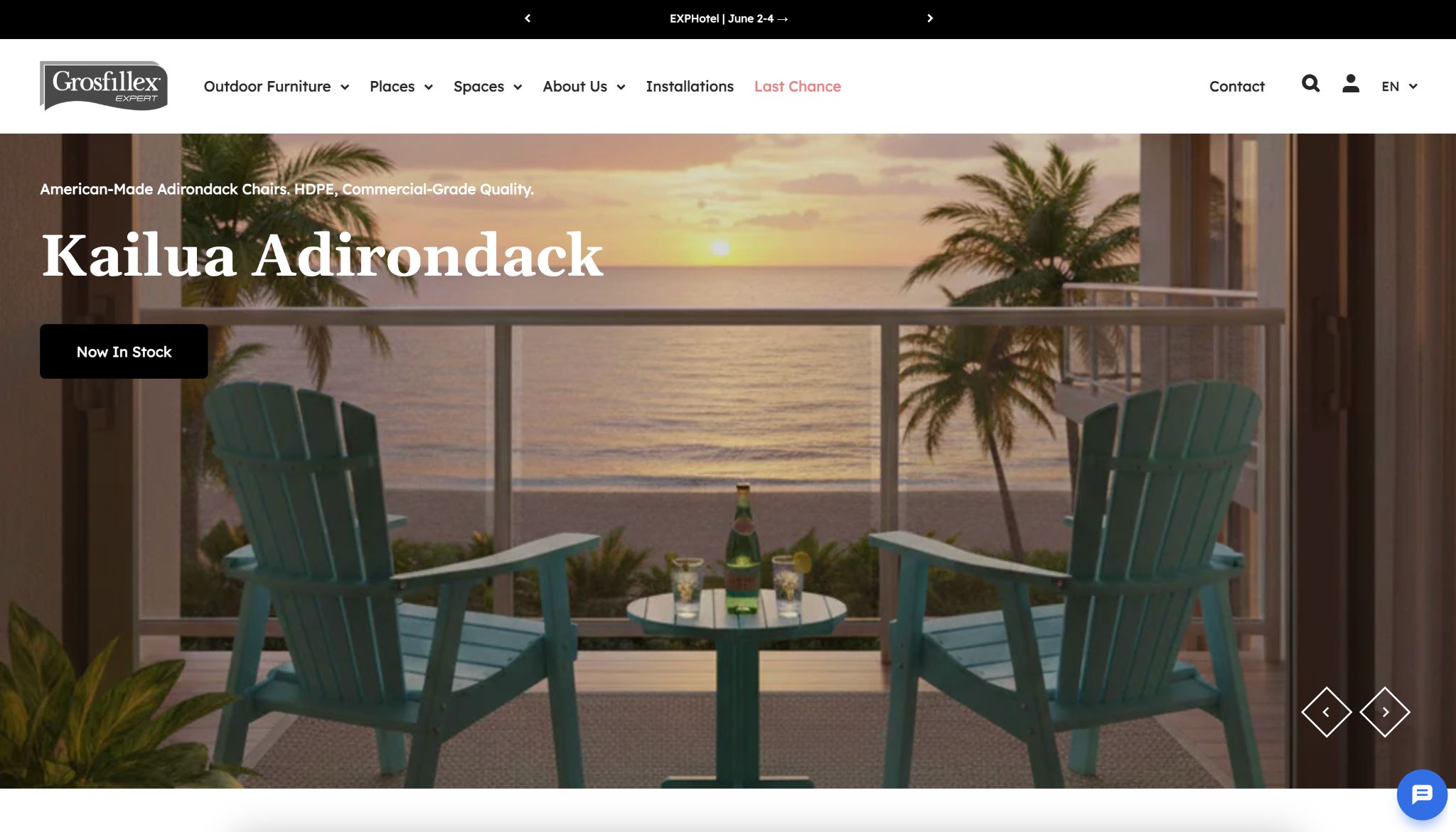 Grosfillex website featuring American-Made Adirondack Chairs from the Kailua Adirondack collection.