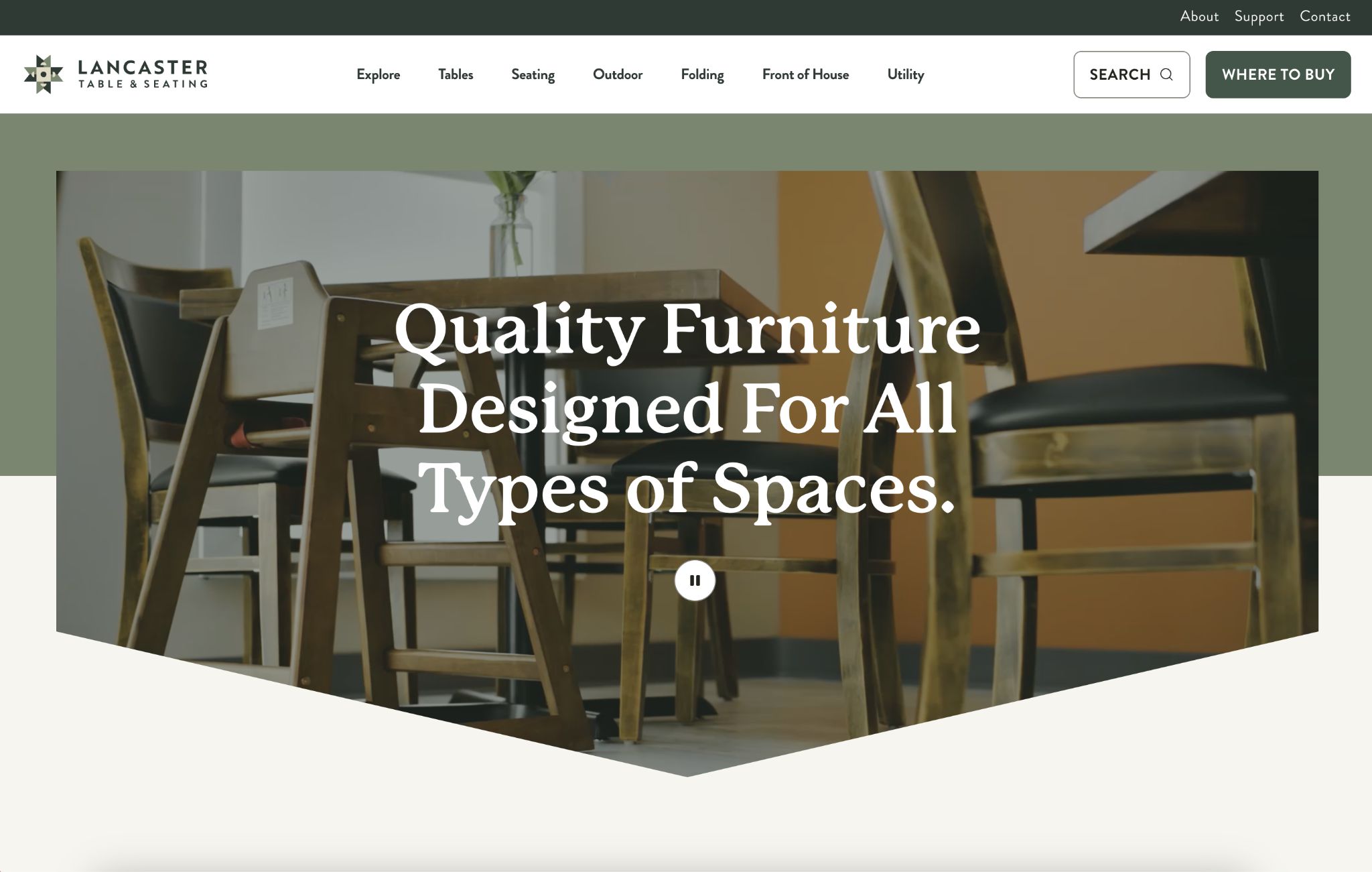 Lancaster Table & Seating website screenshot with dining furniture