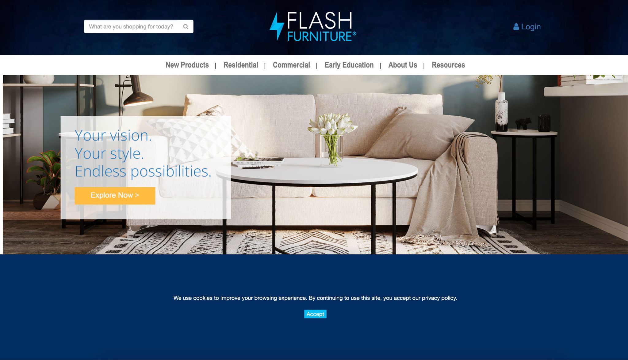 Flash Furniture website with the slogan 'Your vision. Your style. Endless possibilities.' and various modern furniture.